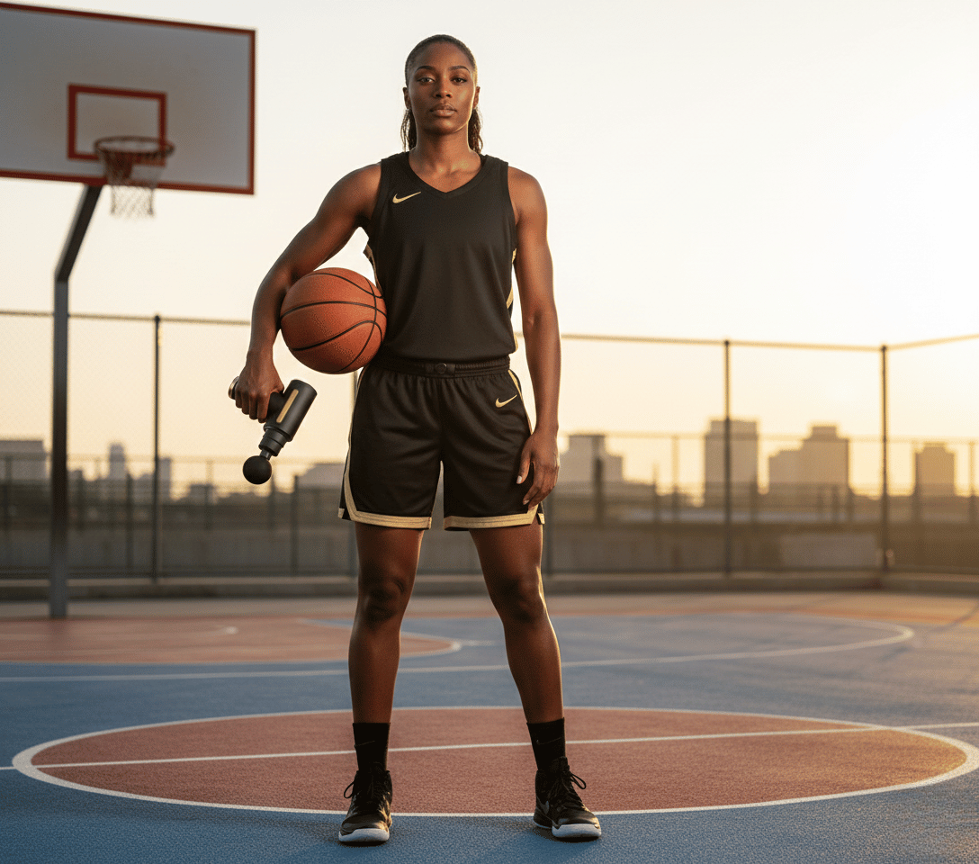 basketball female athlete holing the hoopgun
